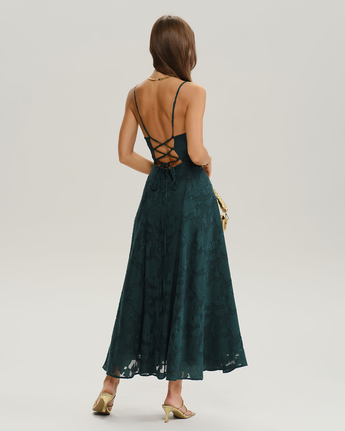 Vestido Maxi Slip A-Line Jacquard Verde