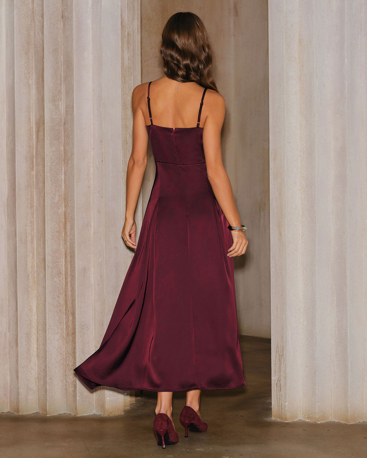 Vestido Maxi A-Line de Satén Rojo Vino
