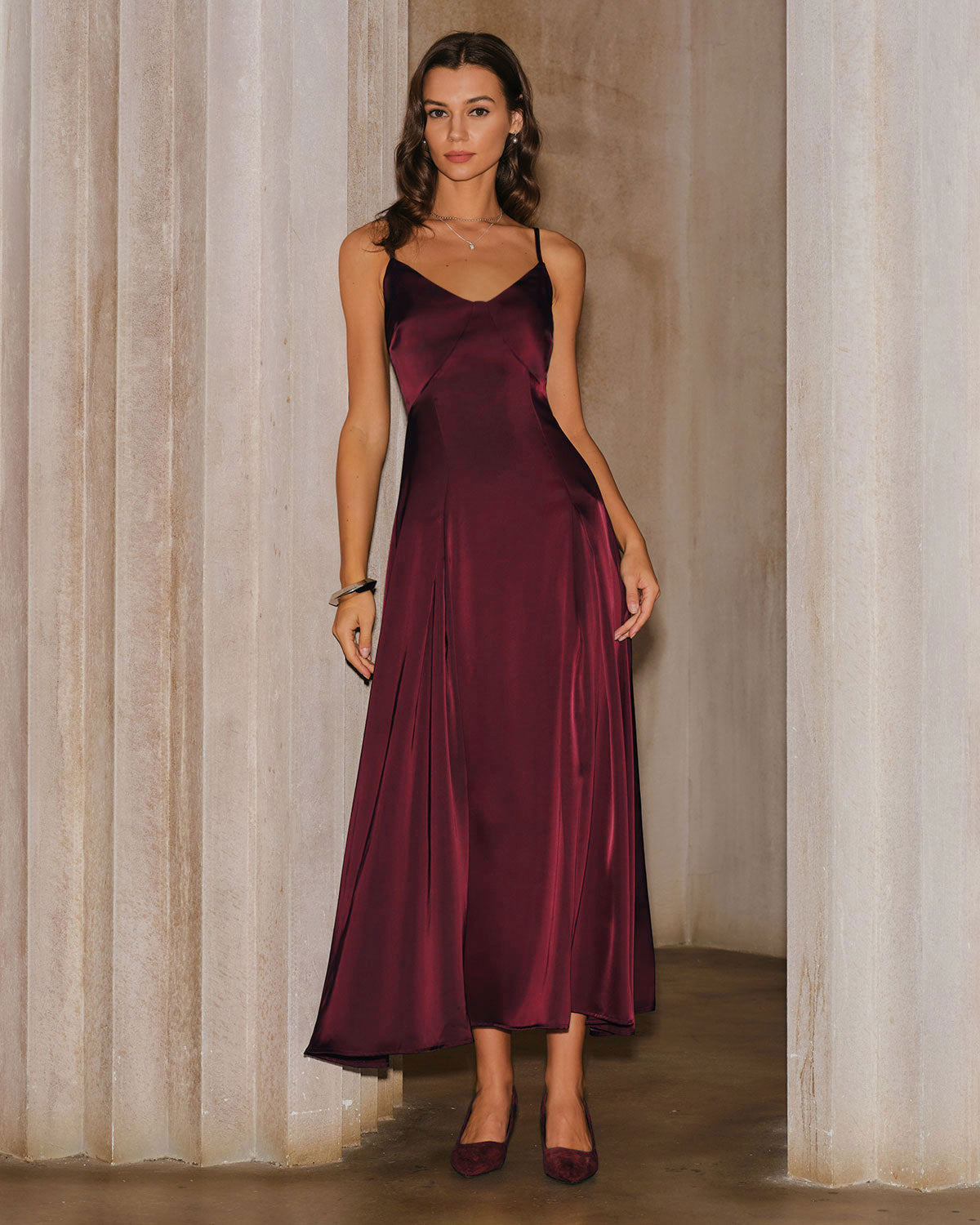 Vestido Maxi A-Line de Satén Rojo Vino