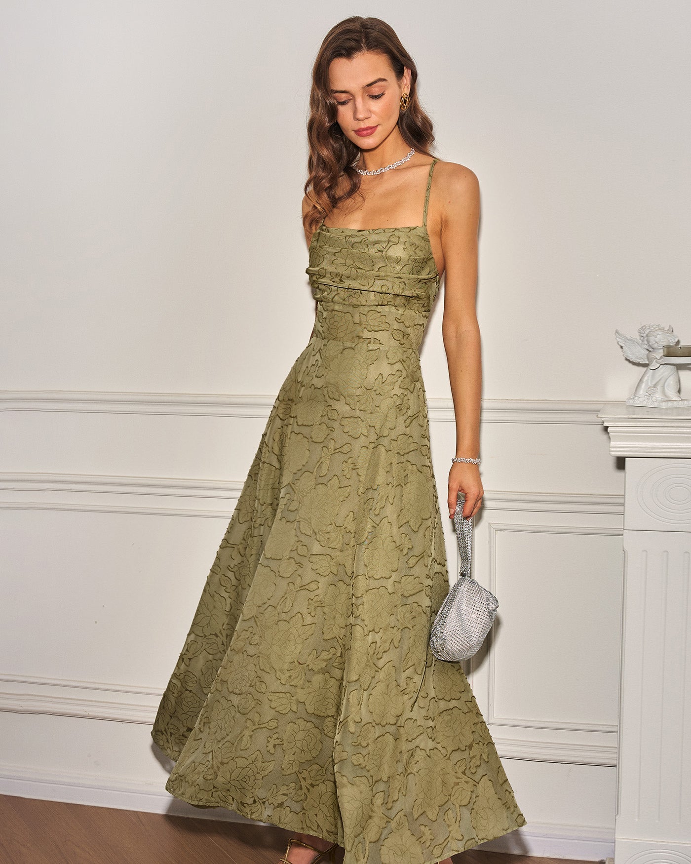 Vestido Maxi Slip Jacquard Verde Salvia