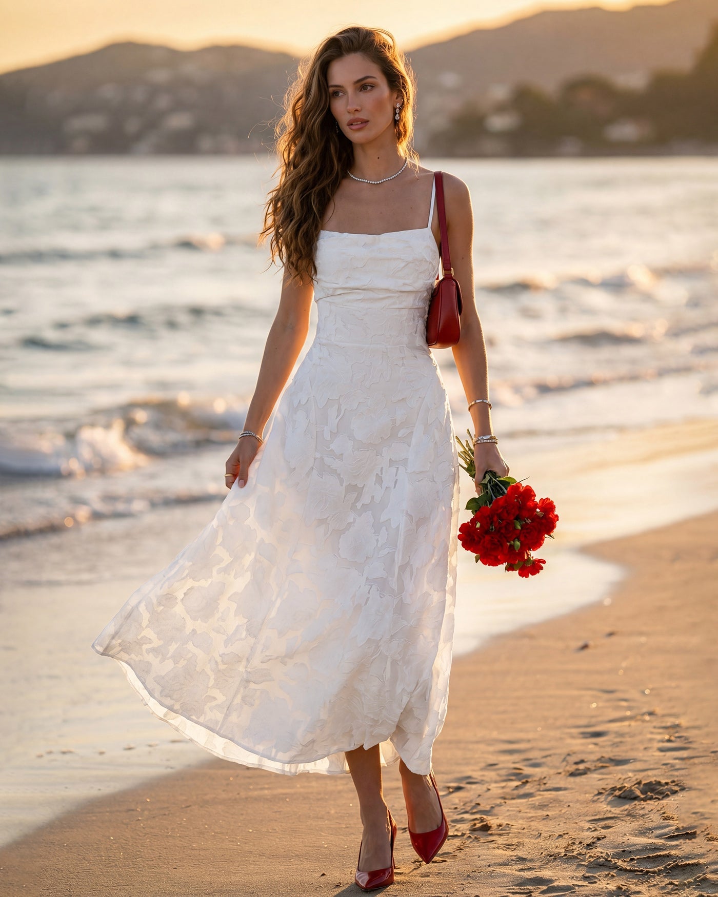 Vestido Maxi Jacquard Sin Mangas Blanco X Cross