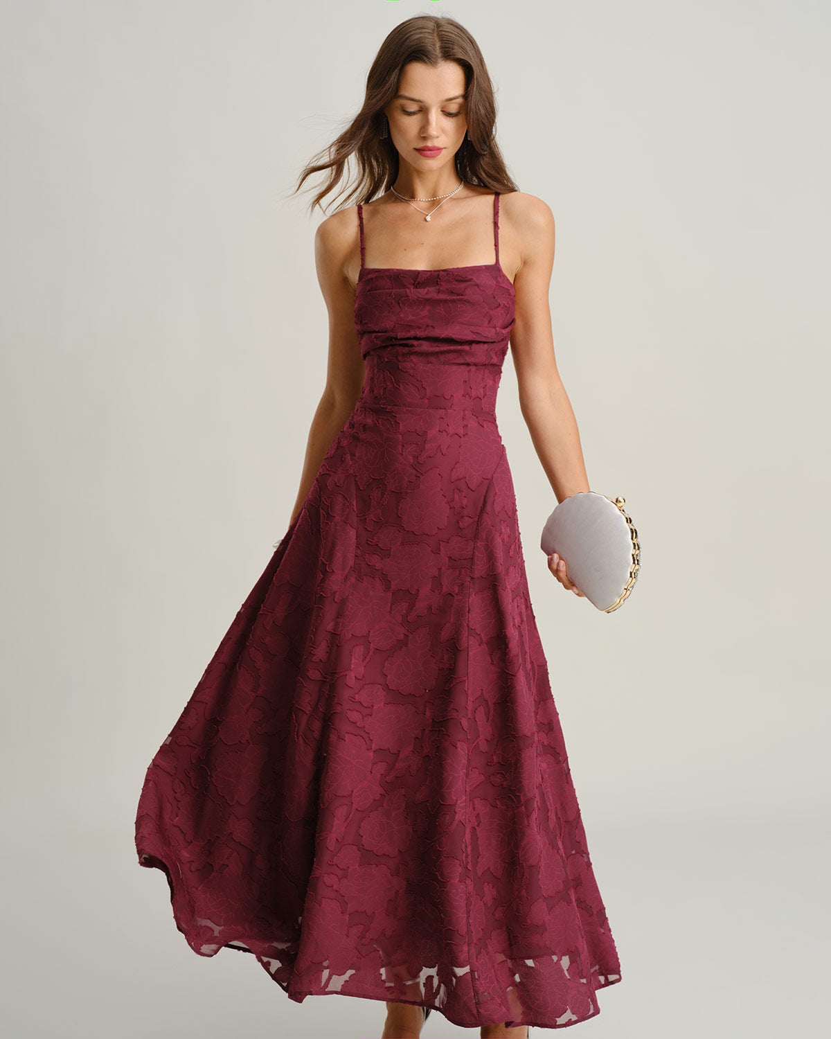 Vestido Maxi Slip Jacquard Rojo Vino