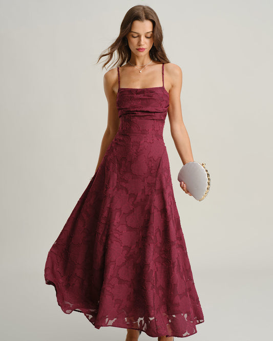 Vestido Maxi Slip Jacquard Rojo Vino
