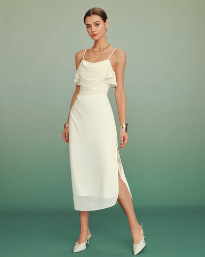 Vestido Midi de Chifón con Volantes en Color Albaricoque