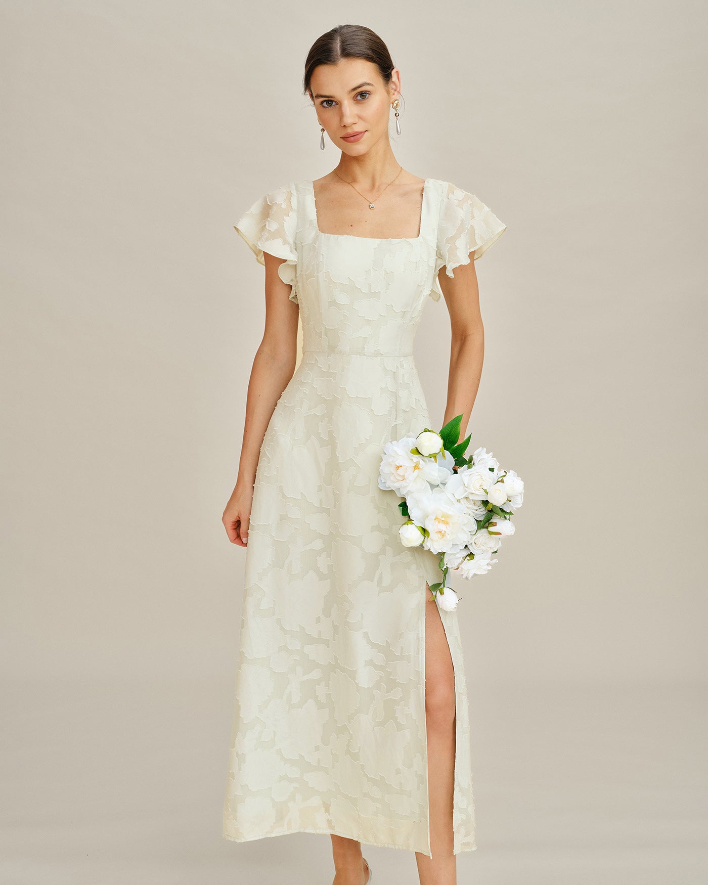 Vestido Midi Jacquard de Cuello Cuadrado Beige