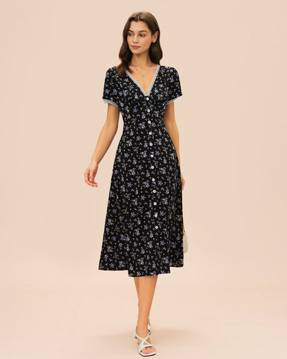 Vestido Midi Floral de Encaje Negro con Escote en V