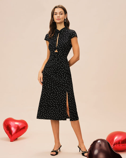 Vestido Midi de Lunares con Cuello Mandarin Negro