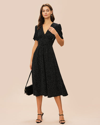Vestido Midi Negro con Cuello en V y Lunares
