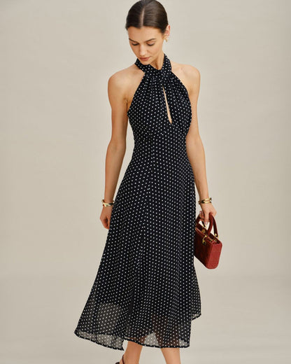 Vestido Midi Halter de Lunares Negros