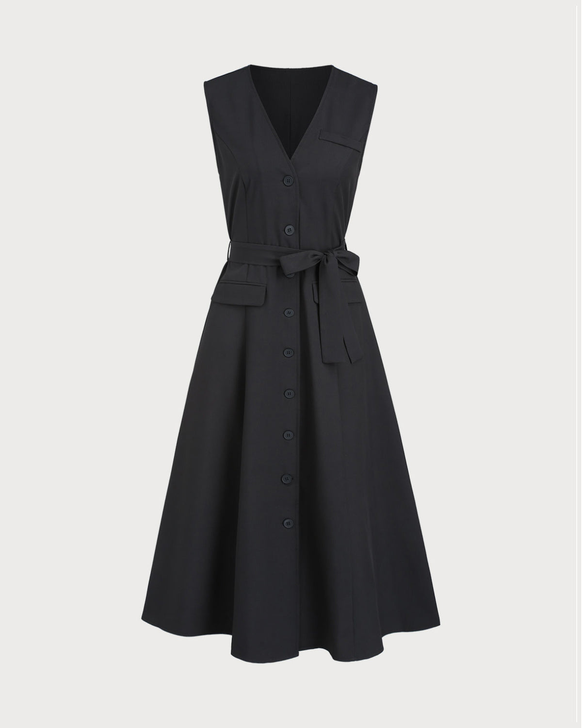 Vestido Midi Sin Mangas con Cinturón y Escote en V Negro
