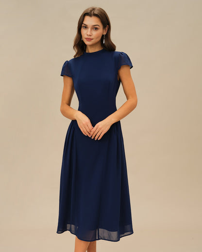 Vestido Midi de Manga Abullonada Azul