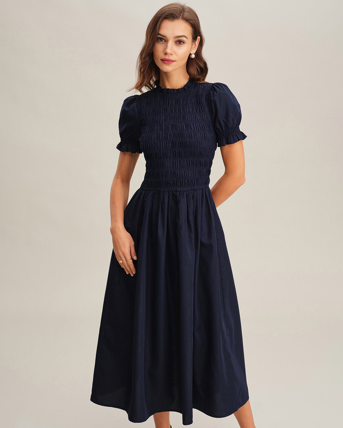 Vestido Midi A-Line Fruncido Azul