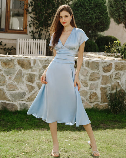 Vestido Midi Plisado de Hombros Caídos Azul