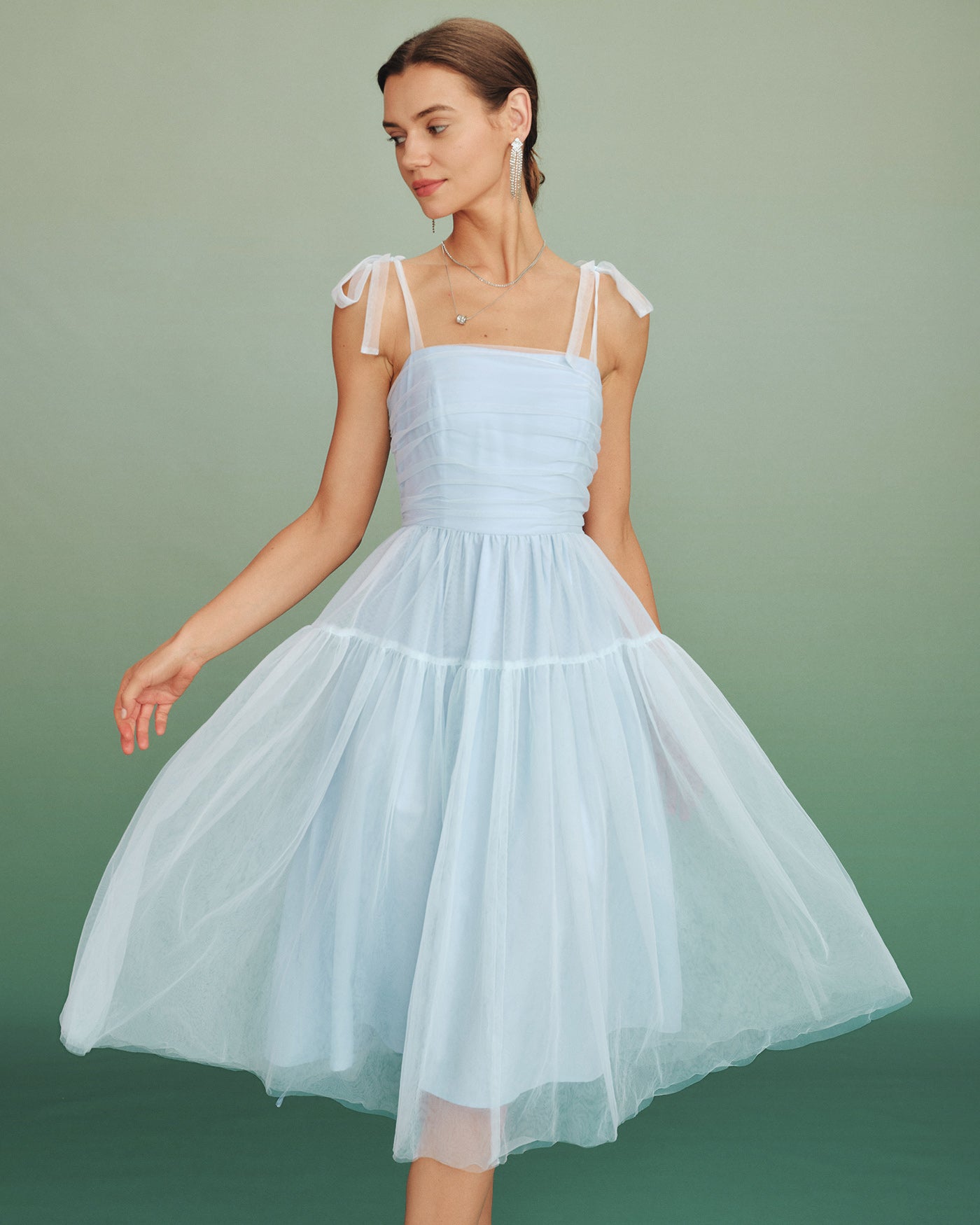 Vestido Midi de Malla con Escote Cuadrado Azul