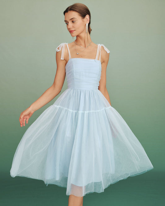 Vestido Midi de Malla con Escote Cuadrado Azul