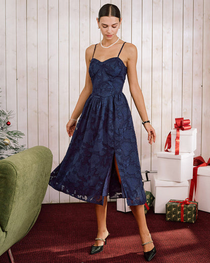 Vestido Midi A-Line de Jacquard Azul
