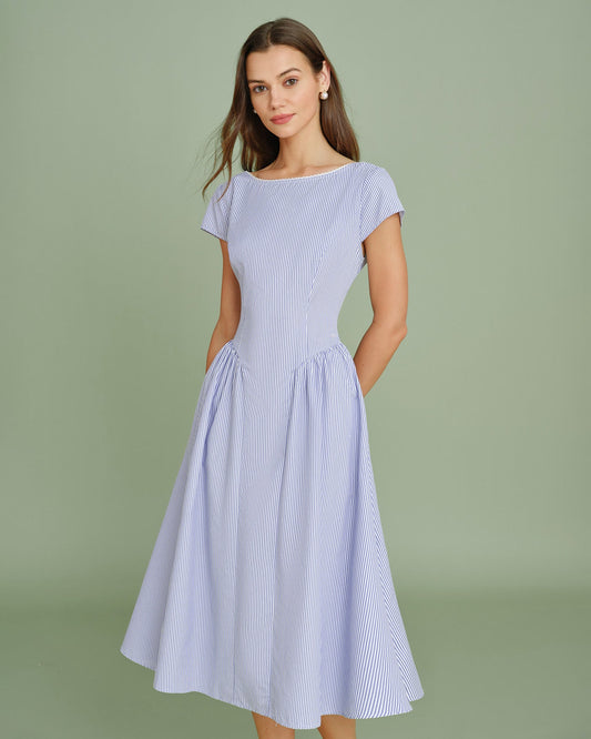 Vestido Midi Arrugado con Cuello Barco Azul