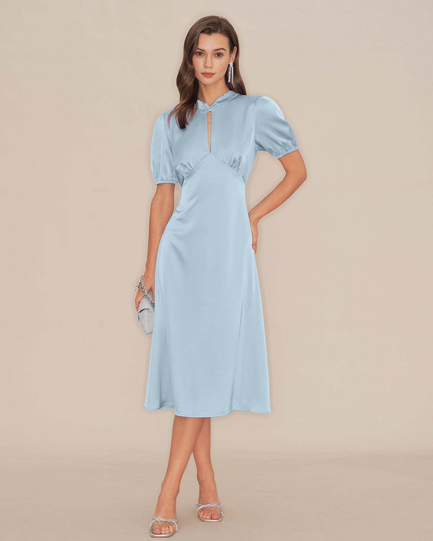 Vestido Midi de Satén sin Espalda con Mangas Abullonadas Azules