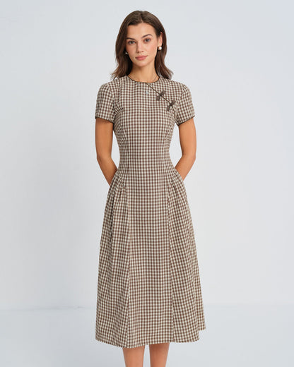 Vestido Midi de Cuello Redondo a Cuadros Marrón
