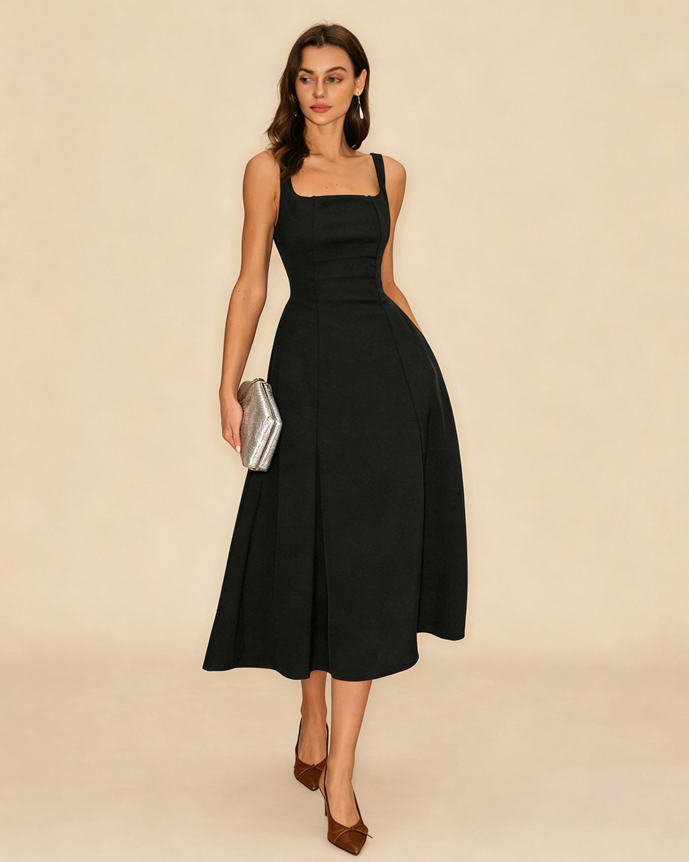 Vestido Midi Deslizante Negro Sólido con Cremallera