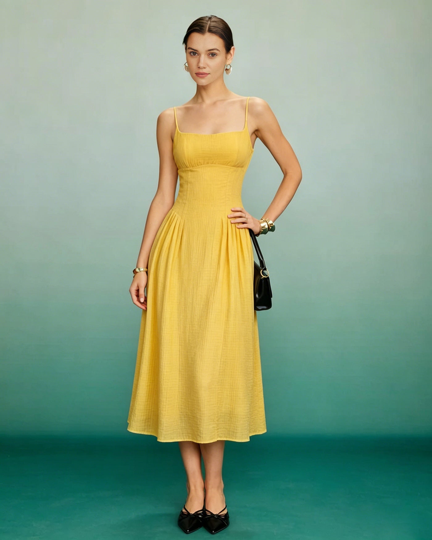 Vestido Midi A-Line Amarillo con Pliegues