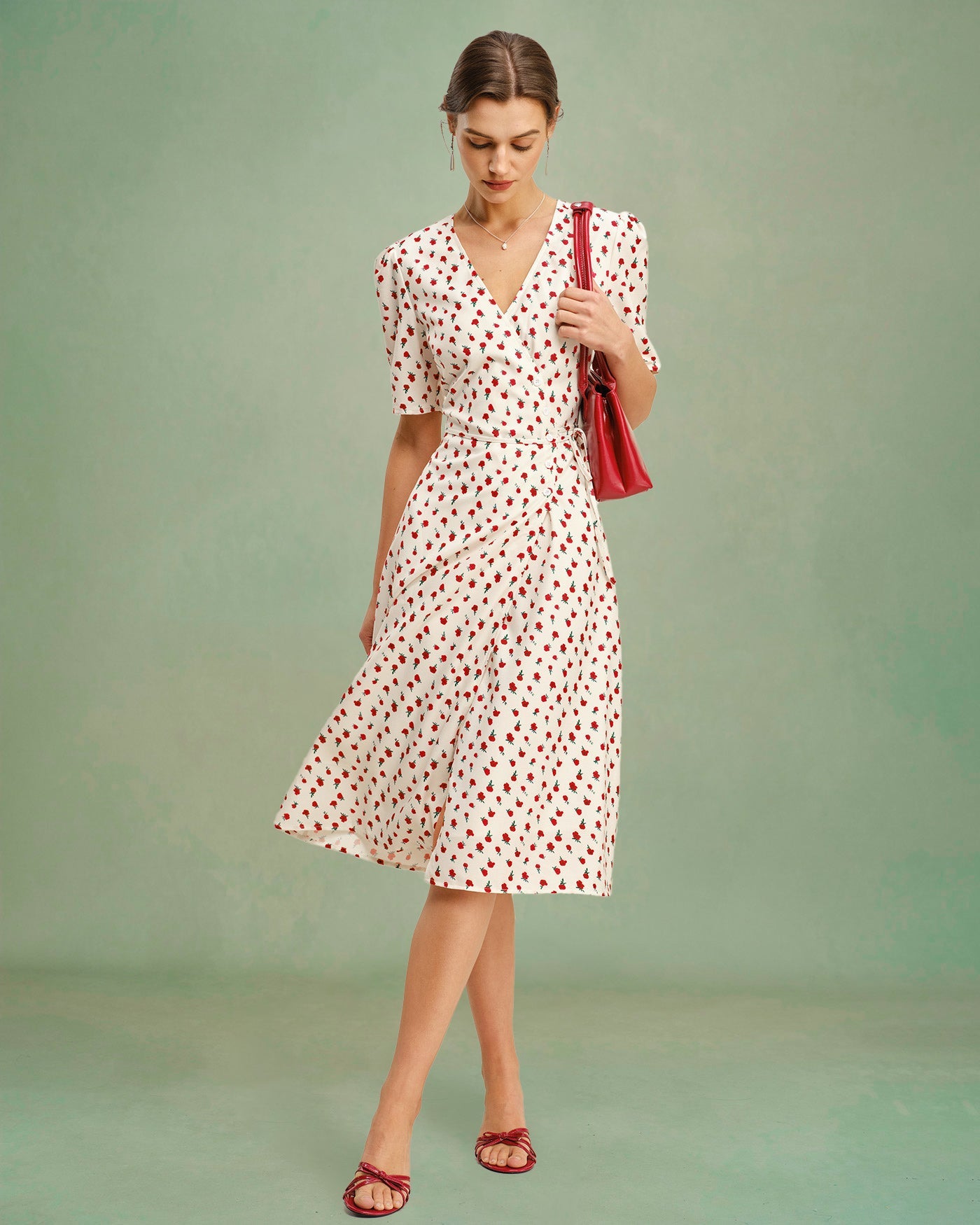 Vestido Midi Floral de Melocotón con Escote en V