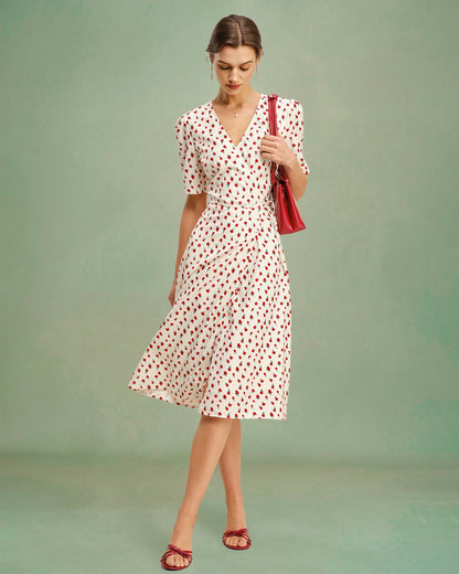 Vestido Midi Floral de Melocotón con Escote en V