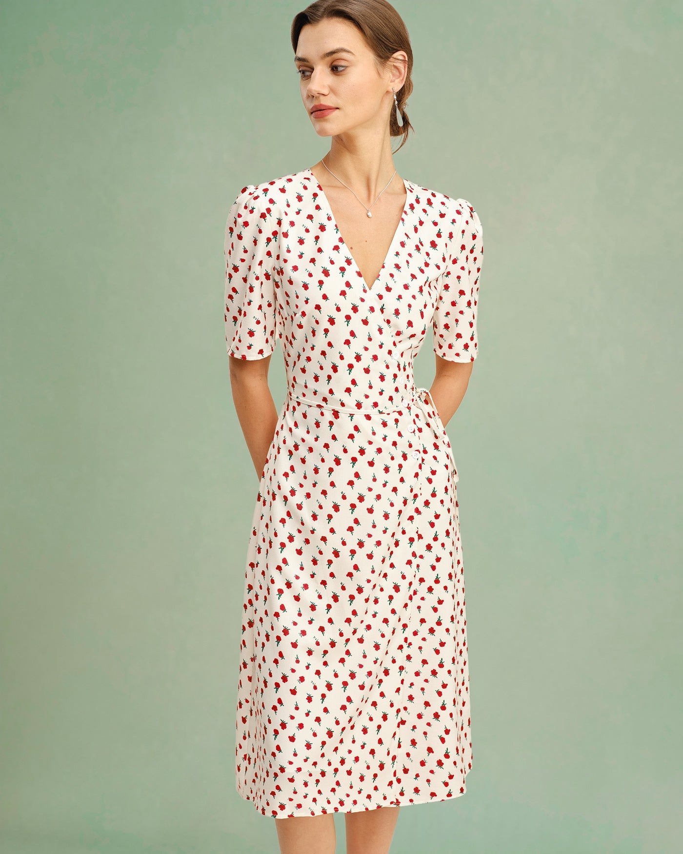 Vestido Midi Floral de Melocotón con Escote en V