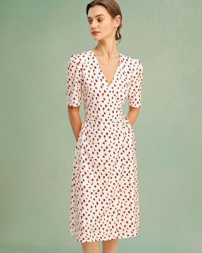 Vestido Midi Floral de Melocotón con Escote en V