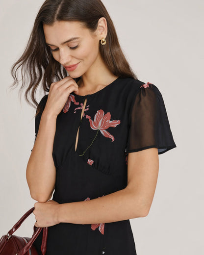 Vestido Midi Floral con Corte en Negro