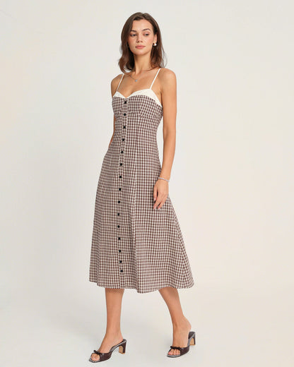 Vestido Midi Deslizante de Cuadros Café