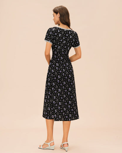 Vestido Midi Floral de Encaje Negro con Escote en V