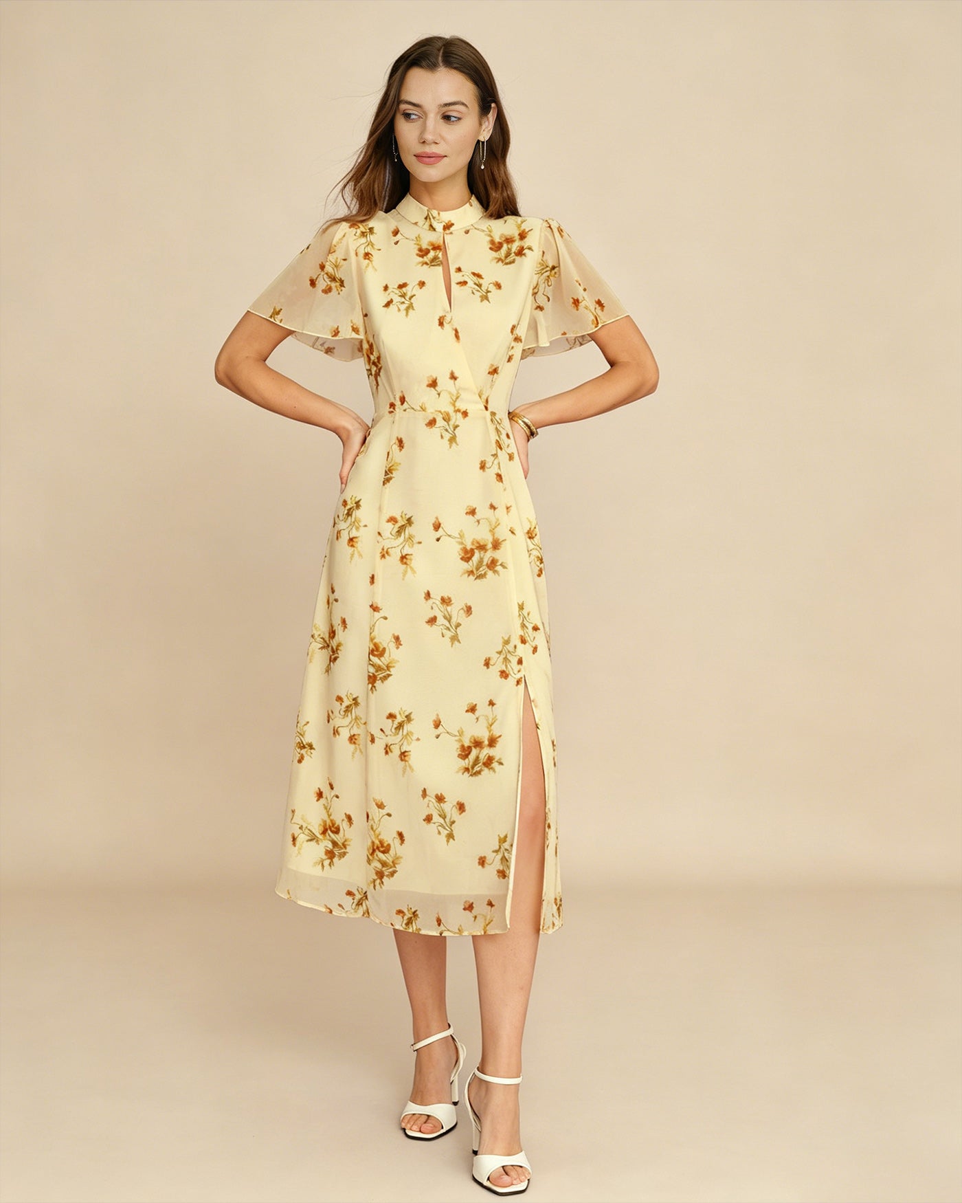 Vestido Midi Floral con Manga Mariposa Amarillo