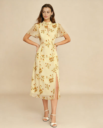 Vestido Midi Floral con Manga Mariposa Amarillo