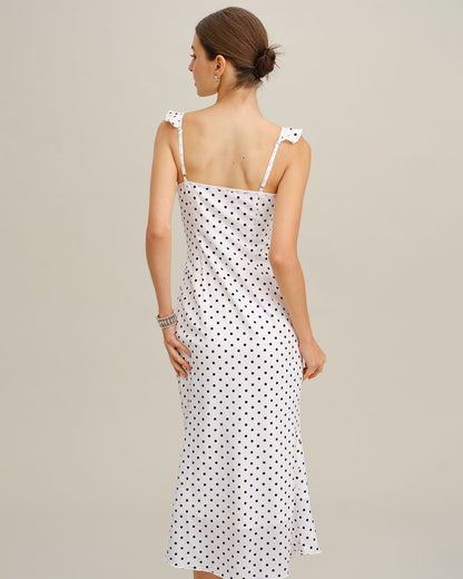 Vestido Midi con Volantes de Lunares Blancos