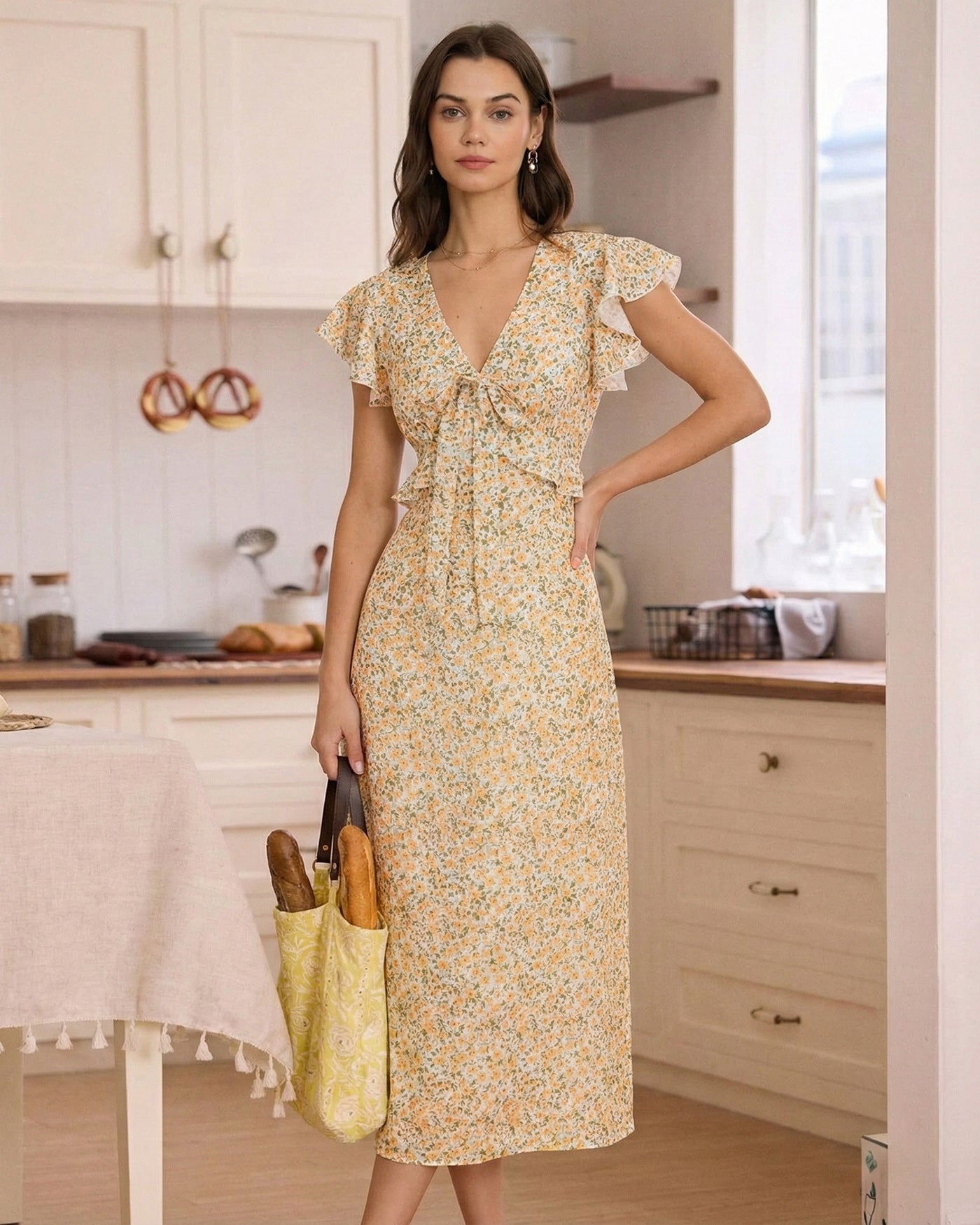 Vestido Midi Amarillo con Volantes y Cuello en V