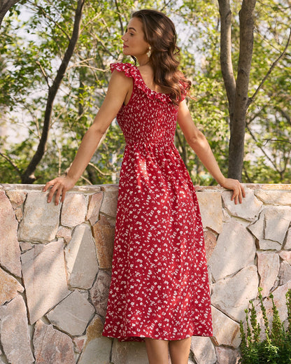 Vestido Midi Floral de Cuello Cuadrado Rojo