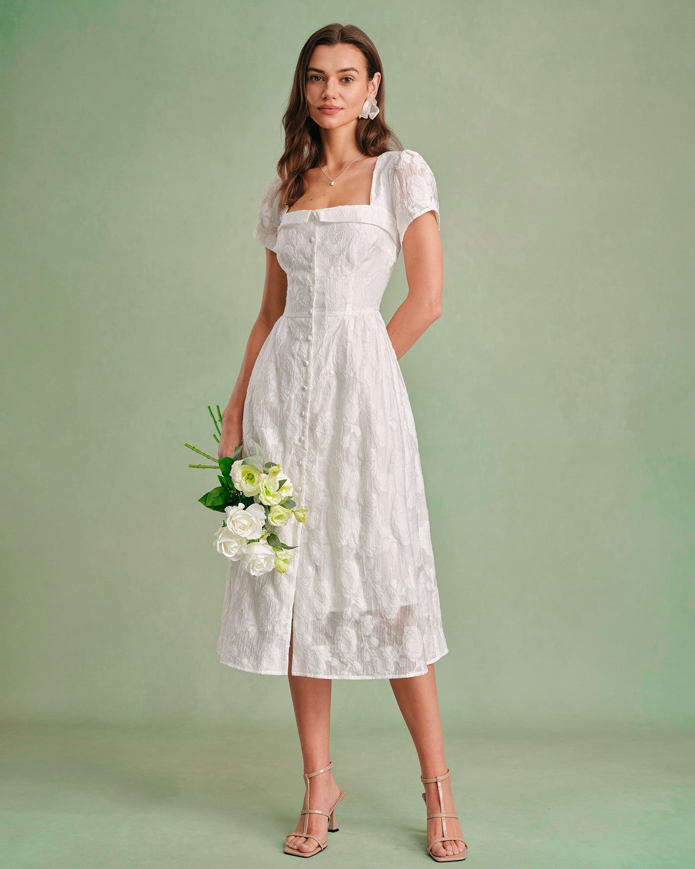 Vestido Midi Blanco con Escote Cuadrado y Cruce