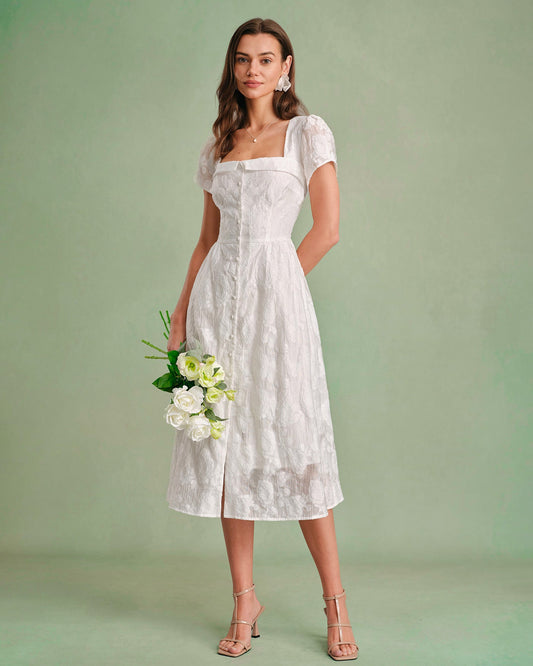 Vestido Midi Blanco con Escote Cuadrado y Cruce