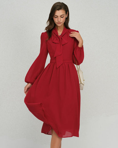 Vestido Midi de Chifón con Manga de Farol Color Rojo Vino