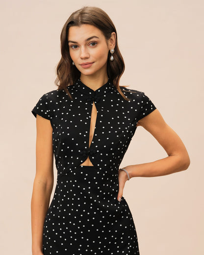 Vestido Midi de Lunares con Cuello Mandarin Negro