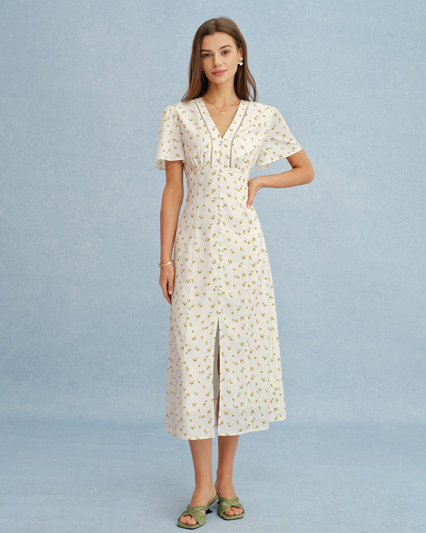 Vestido Midi Floral Amarillo con Escote en V