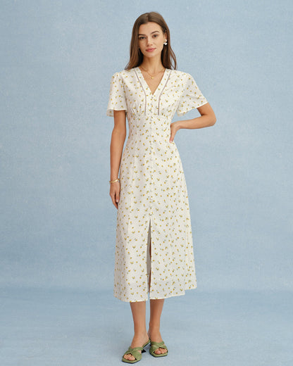 Vestido Midi Floral Amarillo con Escote en V