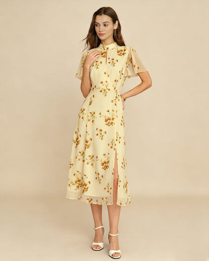 Vestido Midi Floral con Manga Mariposa Amarillo