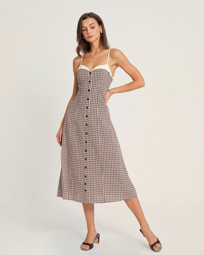 Vestido Midi Deslizante de Cuadros Café