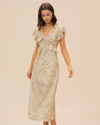 Vestido Midi Amarillo con Volantes y Cuello en V