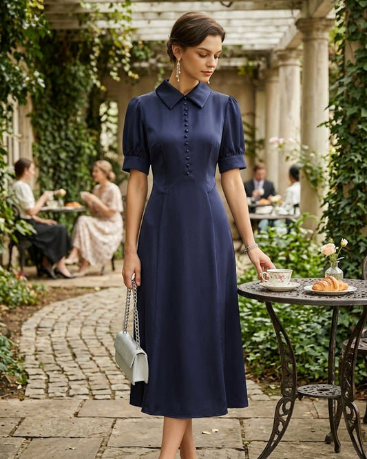 Vestido Midi de Satén con Cuello de Marinerito y Mangas Abullonadas