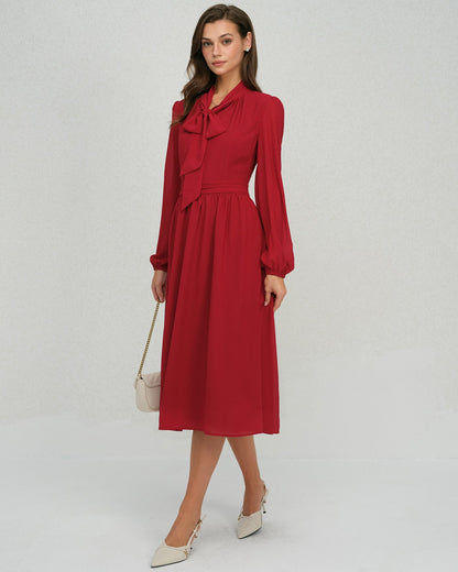 Vestido Midi de Chifón con Manga de Farol Color Rojo Vino