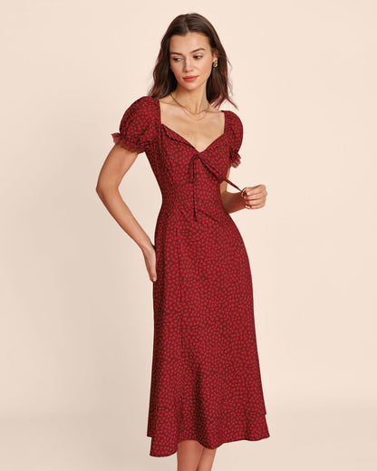 Vestido Midi Floral de Encaje con Cuello en V Rojo
