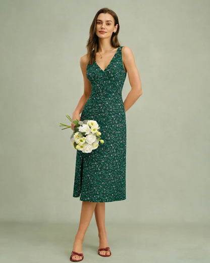 Vestido Midi Floral Verde con Escote en V